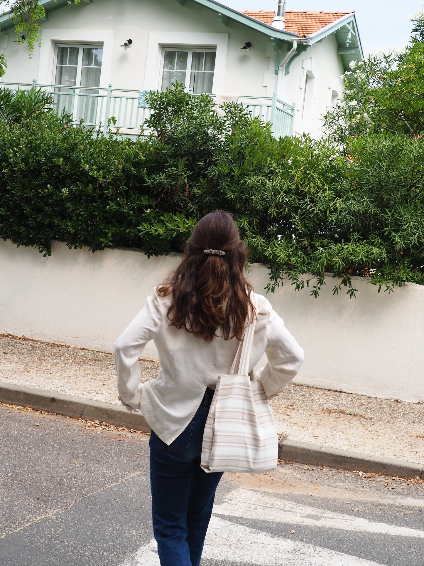 Tote bag poche - Blanc rayures beiges