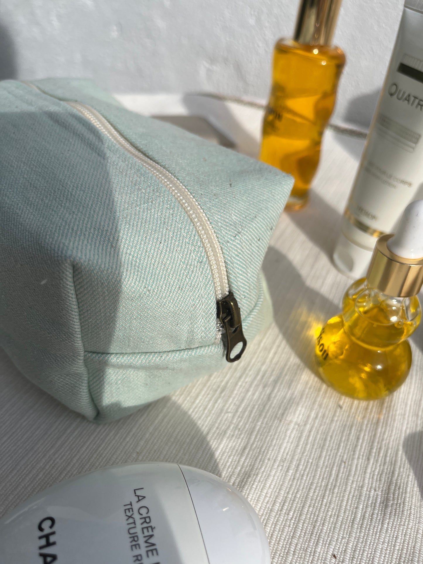 Trousse Carrée Medium - Turquoise Blanc