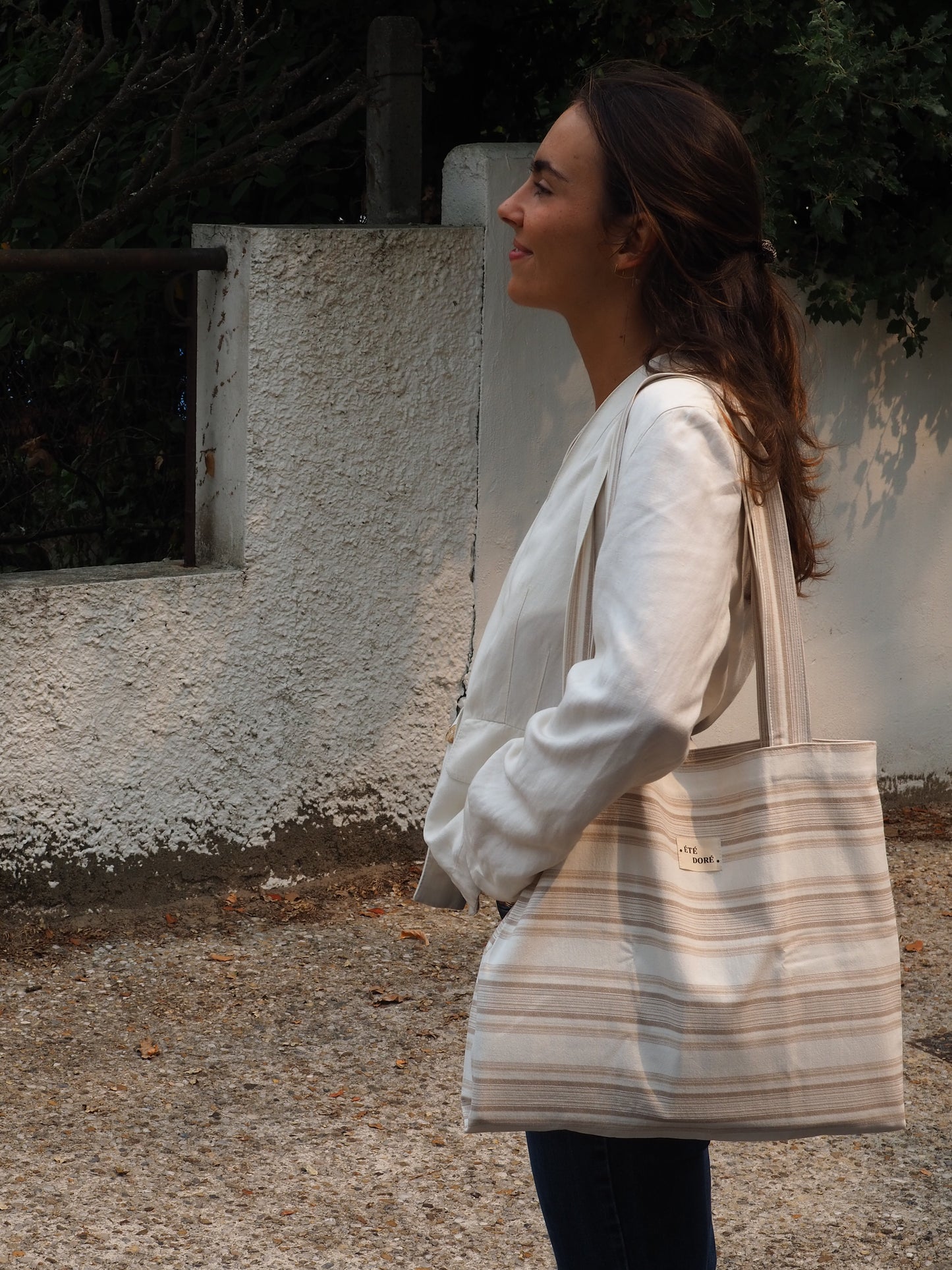 Tote bag poche - Blanc rayures beiges