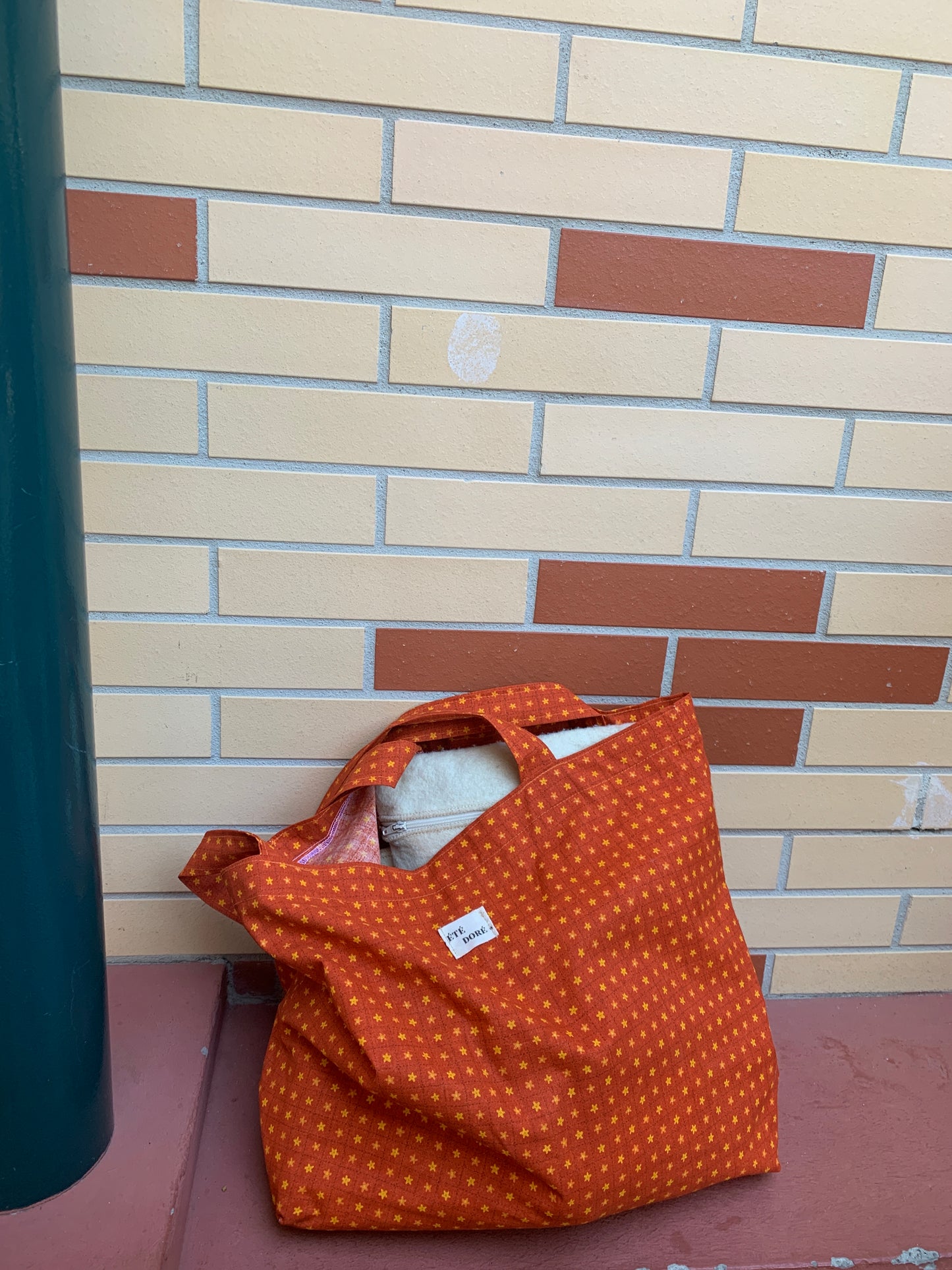Tote bag large orange fleuri