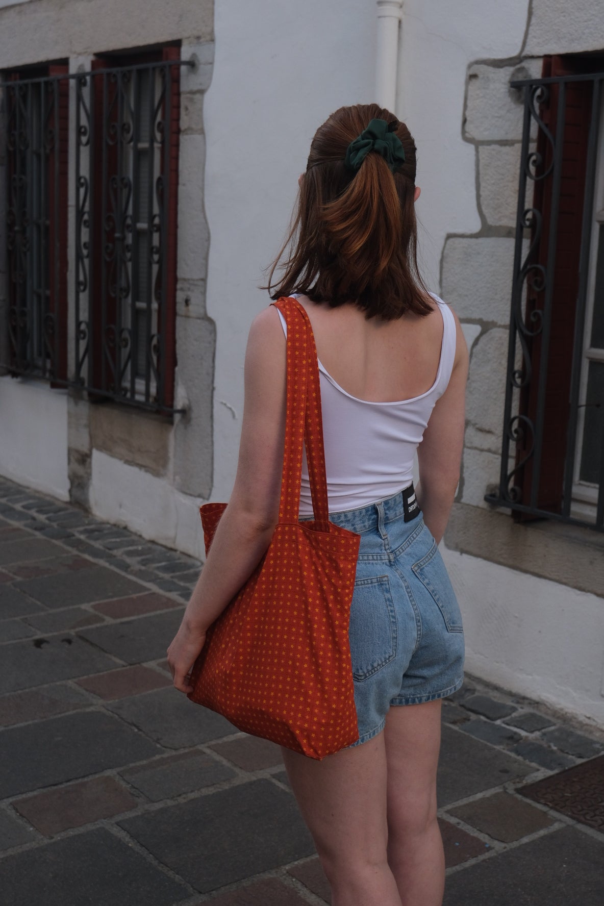 Tote bag large orange fleuri