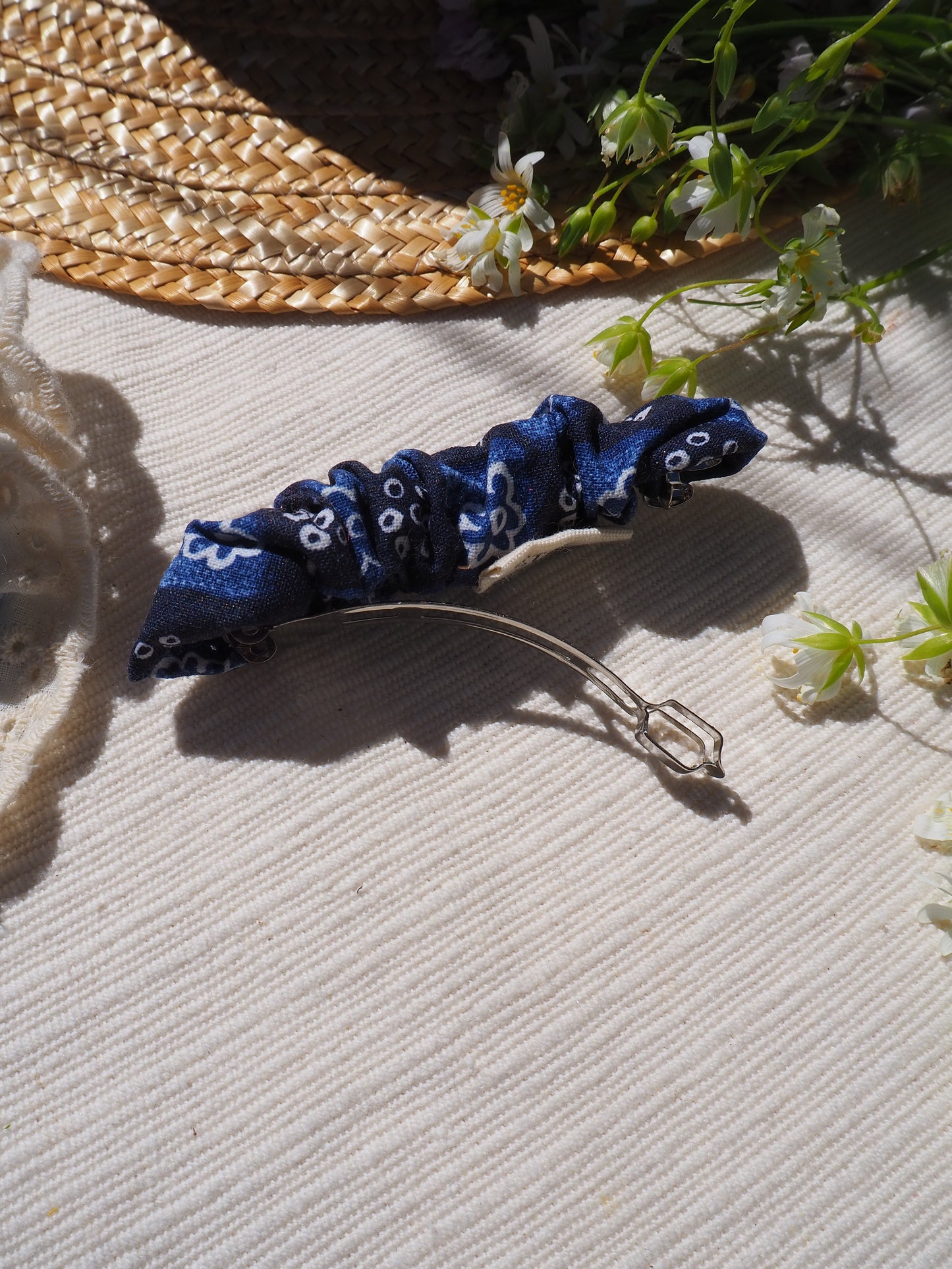 Barrette Plissée Bleu fleurs Hawaii