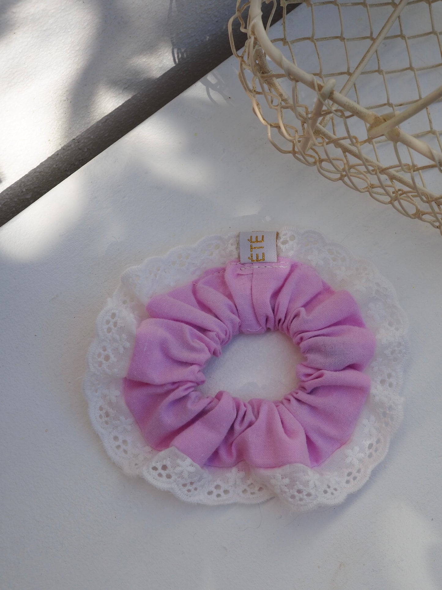 Chouchou liseret dentelle - Rose pâle