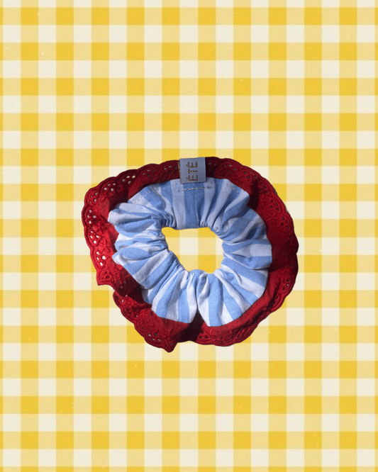 Chouchou liseret dentelle - La Baule bleu clair rouge