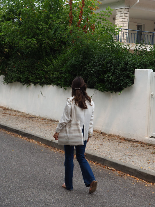 Tote bag poche - Blanc rayures beiges