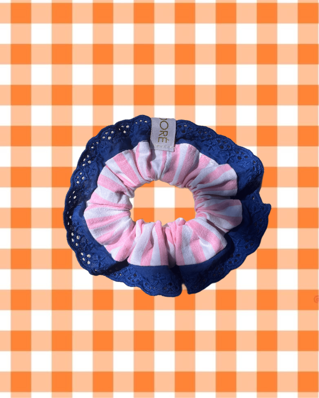 Chouchou liseret dentelle - La Baule rose clair marine