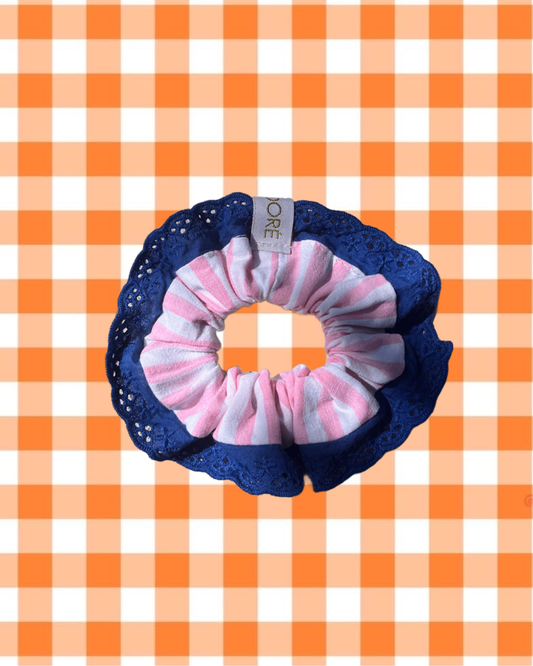 Chouchou liseret dentelle - La Baule rose clair marine
