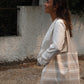 Tote bag poche - Blanc rayures beiges